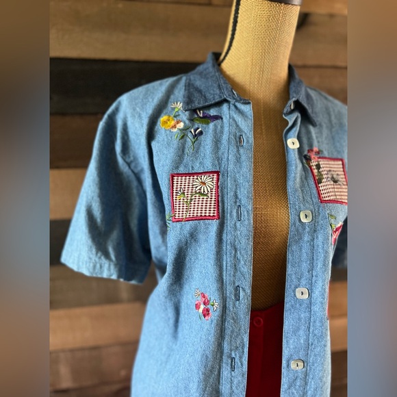 90s Vintage Teddi Blue Cotton Short Sleeves Patchwork Collared Button Up Shirt - Picture 8 of 11